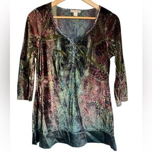 Vintage Whimsigoth Blouse Womens Y2K Small Stretch Burnout Velvet Green Brown